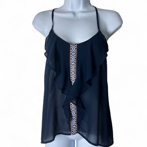 Super B - Women's Sheer Racerback T-Strap Ruffled‎ Top Blouse Navy Blue - Sz. M